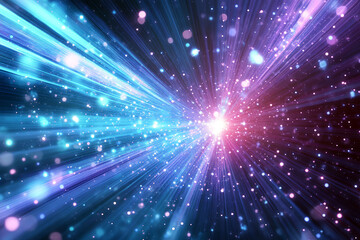 Fototapeta premium Vibrant burst of colorful light with dynamic blue and rays, sparkling particles, and cosmic energy creating a futuristic, radiant abstract explosion
