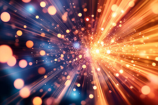 Vibrant burst of colorful light with dynamic blue and rays, sparkling particles, and cosmic energy creating a futuristic, radiant abstract explosion