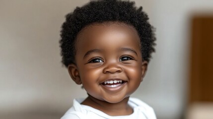 Naklejka premium Joyful African baby smiling, showing first teeth in bright home