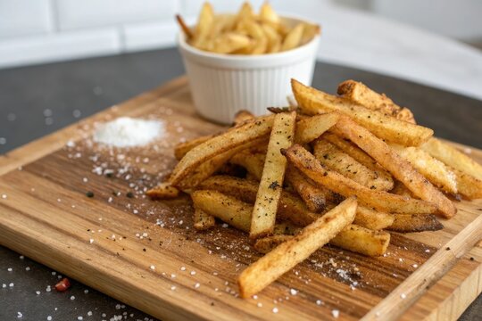 Freshly cooked cajun french fries on a wooden cutting board or countertop, culinary art, rustic charm