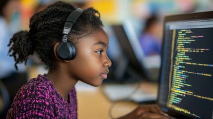 Focused African American Girl Coding on Computer at School