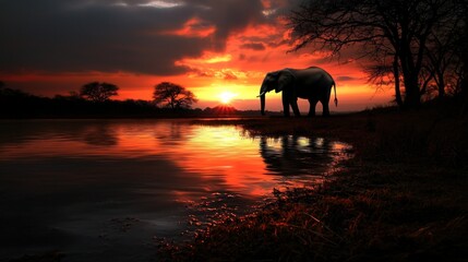 Elephant sunset silhouette, African savanna, water reflection, wildlife scene