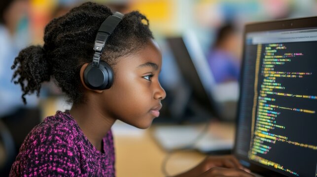 Focused African American Girl Coding on Computer at School - Powered by Adobe