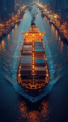 Container Ship Sails City Night