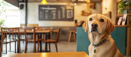 Cute Golden Retriever Dog Awaits Treat in Pet-Friendly Cafe