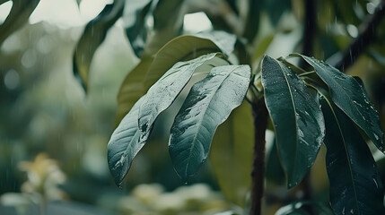 Rain drops on leaves, garden, nature, serene background, website
