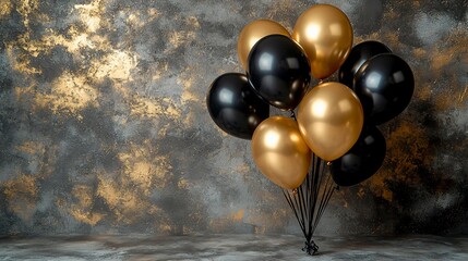 Bunch of black and gold balloons against textured wall. Ideal for party or celebration backgrounds