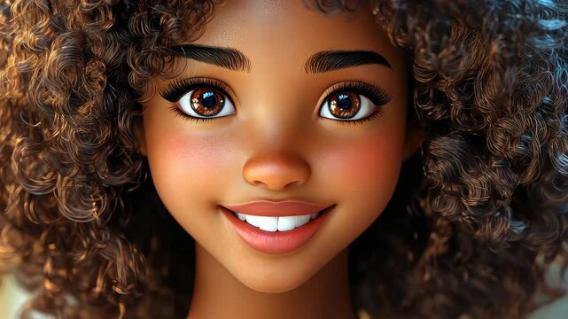 Cheerful cartoon girl with curly hair brings joy and fun in a vibrant, light 3D style, perfect for youthful themes.