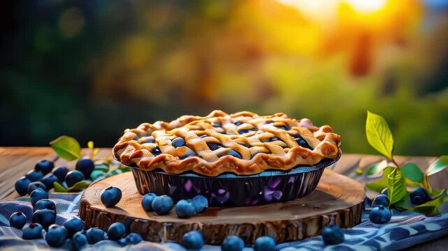 There is a pie with blueberries on a wooden table food background