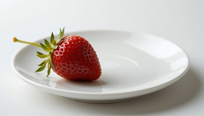 Single Fresh Red Strawberry on White Plate Close Up Food Photography