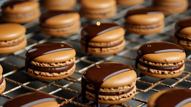 Alluring macarons with melted chocolate on metal mesh exude appetizing charm, Ai Generated.
