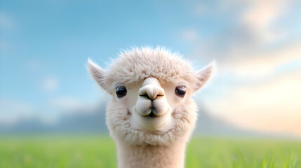 Fototapeta premium Cute alpaca portrait, farm field background, sunrise