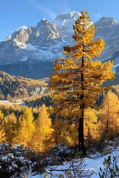 a tree with yellow leaves in front of a mountain