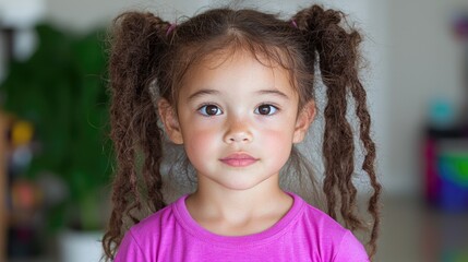 Child portrait, indoor, neutral background, happy expression, possible use for a children's magazine