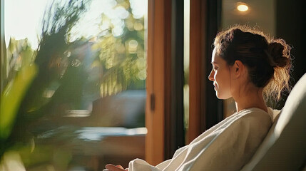 Relaxing woman in cozy space with natural light