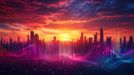 A futuristic cityscape with vibrant soundwave visuals against a sunset backdrop. Soundwave Architecture. Illustration