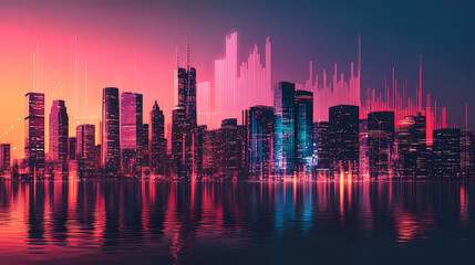 Obraz premium A vibrant city skyline at dusk with soundwave graphics overlay. Soundwave Architecture. Illustration
