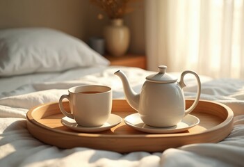 Hot tea with teapot on wooden tray in bed on lazy morning. White bedding. Cosy winter mood for comfortable wake up lifestyle. Homely rustic still life.