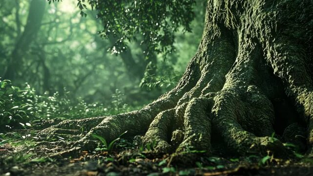 A close-up of tree roots, showing the intricate details and textures in an outdoor forest setting. The focus is on one large tree with multiple thickly textured roots spread out from its trunk.