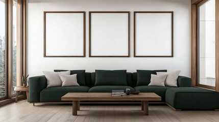 Modern living space with elegant green couch