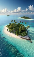 Fototapeta premium Paradise Island in Crystal Waters: A Tropical Oasis of Golden Sands, Lush Palms, and Turquoise Waves Captured in Stunning 16K Cinematic Perfection