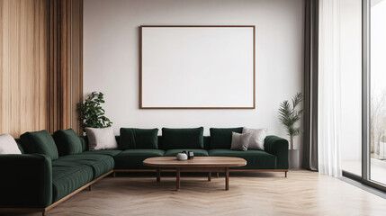 Modern living room with green sofa and blank wall