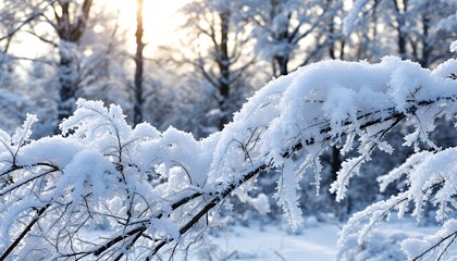 Obraz premium Snow Covered Tree Branch in Winter Forest with Sunlight Shining Through