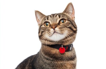 Fototapeta premium Tabby Cat Wearing A Collar With A Red Tag