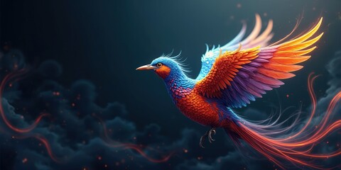 Illustration of abstract colorful bird on dark smoky background. Fantasy bird with gradient blue orange plumage. Decoration of animal with feathers. Beautiful phoenix bird art wallpaper.