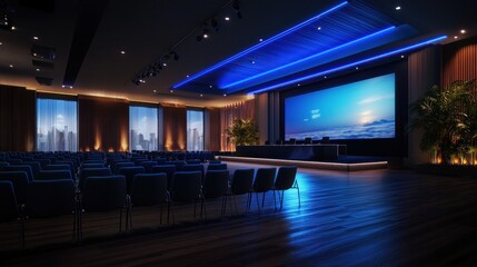 Modern conference hall; city view; presentation setup