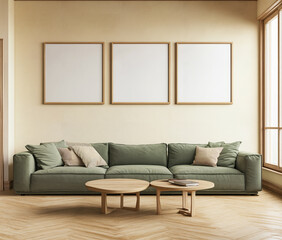 Fototapeta premium Modern living room featuring cozy green sofa