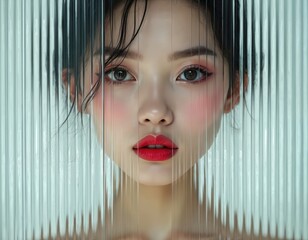 Asian woman face behind clear ribbed glass. Sensual girl behind mirror pattern. Digital ai tech futuristic concept. Ribbed background. Red lips, femininity, distortion, blurred reflection. Beauty,