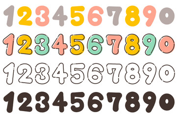 丸みを帯びた可愛い手描き数字ベクターイラストセット かわいい 丸っこい ぷにぷに 手書き