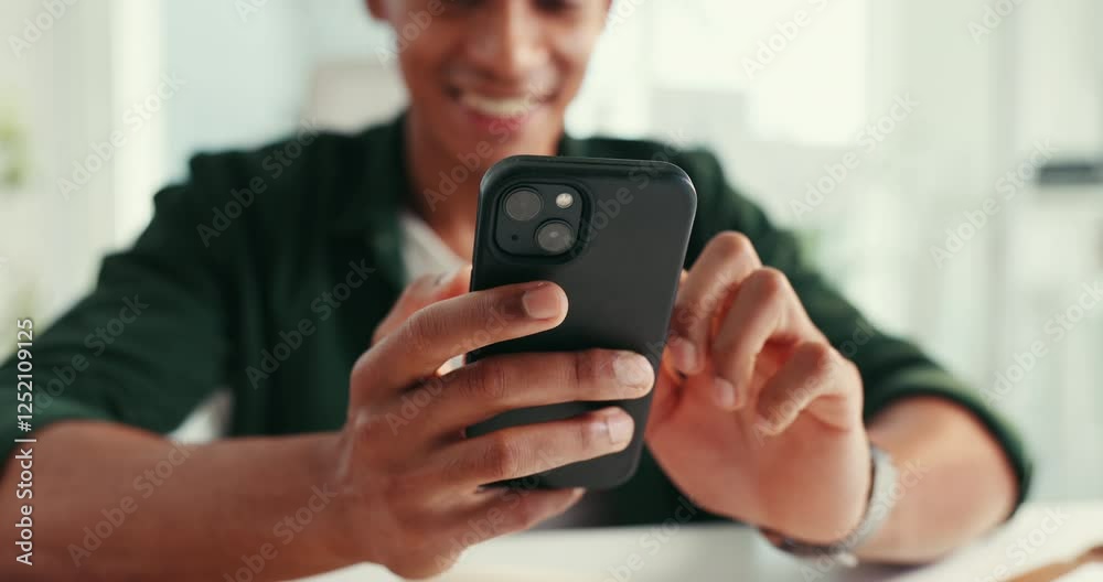 Poster office, hands and man with phone for surprise good news, announcement or online chat notification. w