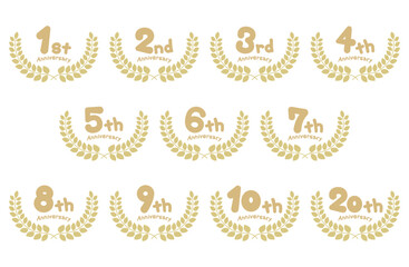 月桂樹の周年手書きロゴベクターイラストセット 文字 アニバーサリー 記念日 1周年 10周年 