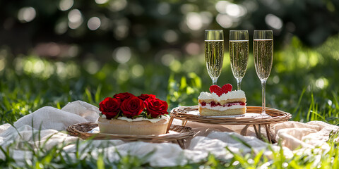 Wine Glass with Red Strawberries in Basket on Soft Blur Background, Elegant and Refreshing Composition

