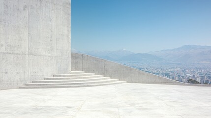 Concrete steps overlooking city, mountains; architectural design