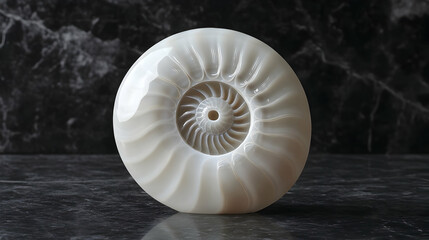 Obraz premium White ammonite fossil on marble. Science decor