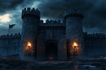 Fototapeta premium Majestic castle gates at night with torches ablaze. AI image