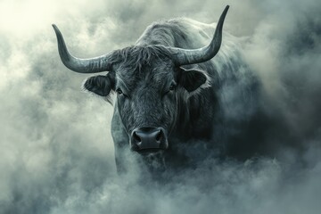 Naklejka premium Majestic bull emerging from dense fog. AI generated
