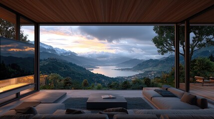 Mountain lake view from modern home living room at sunset