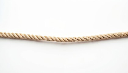 Long rope string on white background. Hemp cord. Nautical or marine element. Jute twisted twine. Beige thread with rough texture. Natural fiber against clear backdrop for crafts.