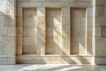 Stone-walled corridor with warm lighting and bench. Artificial Intelligence