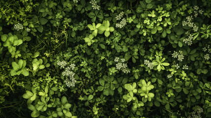 lush forest glade filled with diverse green foliage and small white flowers creates serene and vibrant natural scene