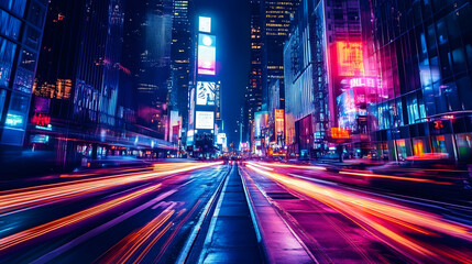 Obraz premium A glowing neon cityscape at night with reflections on the streets, creating a futuristic atmosphere