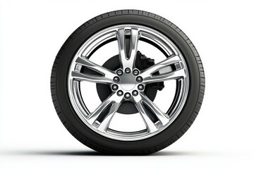 Glossy black car wheel on white background. Artificial Intelligence