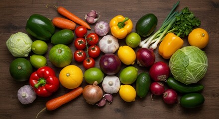 Fresh Colorful Vegetables and Fruits on Dark Wood for Healthy Eating