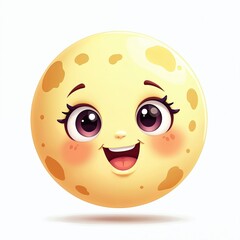 Fototapeta premium Cartoon 3D illustration of sweet smiling moon with eyes, eyelashes, mouth. Charming, childish, yellow heavenly body character on white background. Joyful lunar emoticon icon.