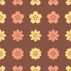 Retro flowers vector repeat pattern. Vintage floral seamless illustration background.