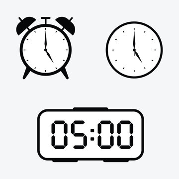 vector illustration of 5 o'clock, timer and 5 o'clock alarm